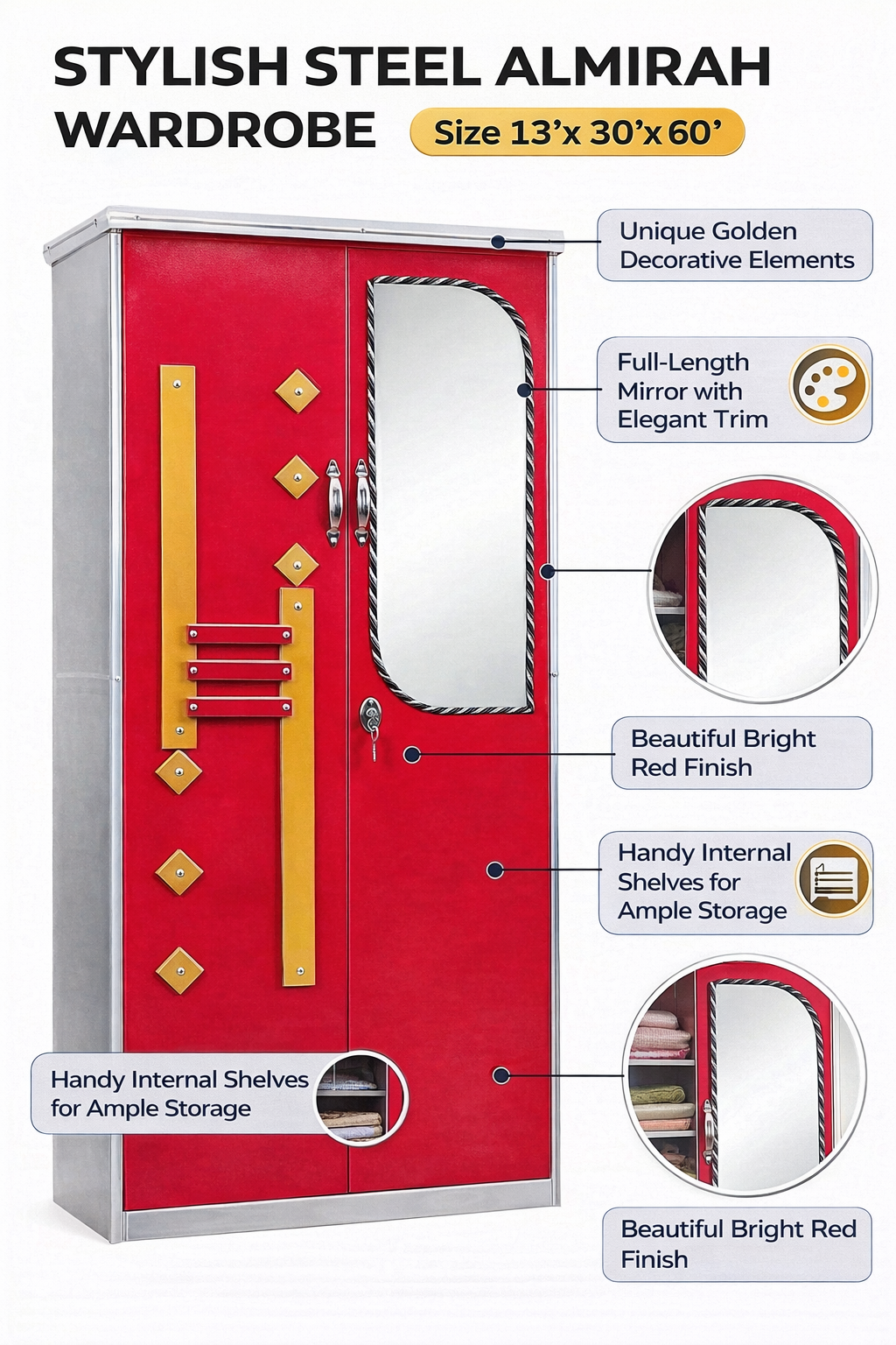 Red Steel Almirah Wardrobe with Mirror & Lock | Designer Steel Cupboard for Bedroom