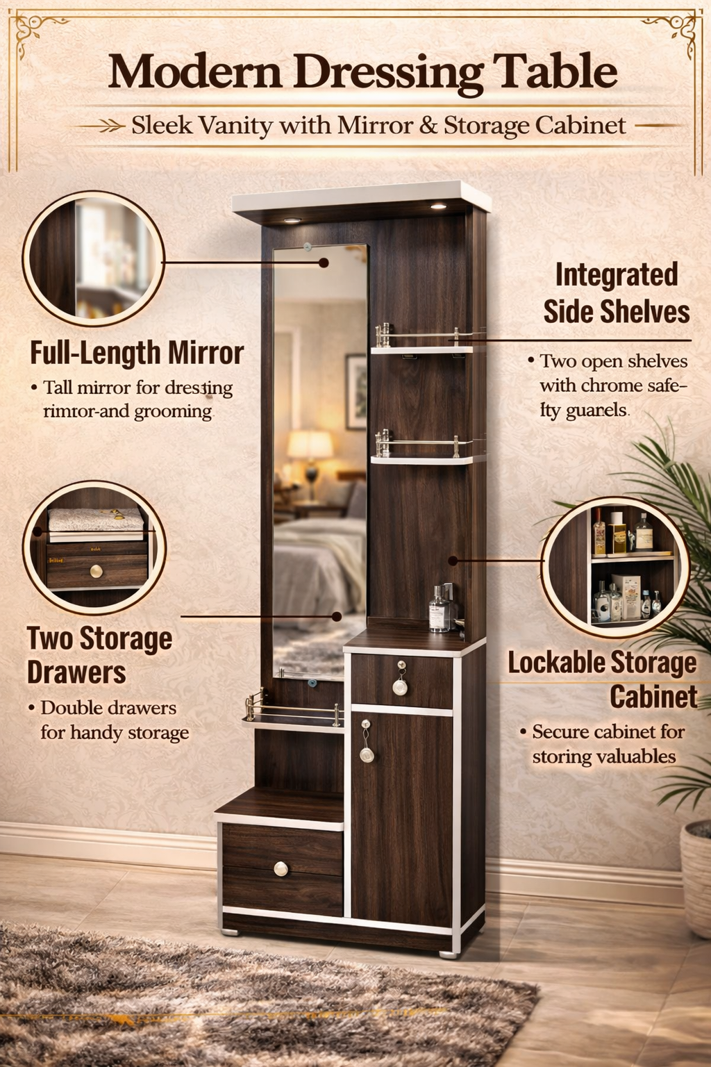 Modern Round Dressing Table with Mirror & Storage | Space Saving Corner Vanity Table with Shelves & Cabinet