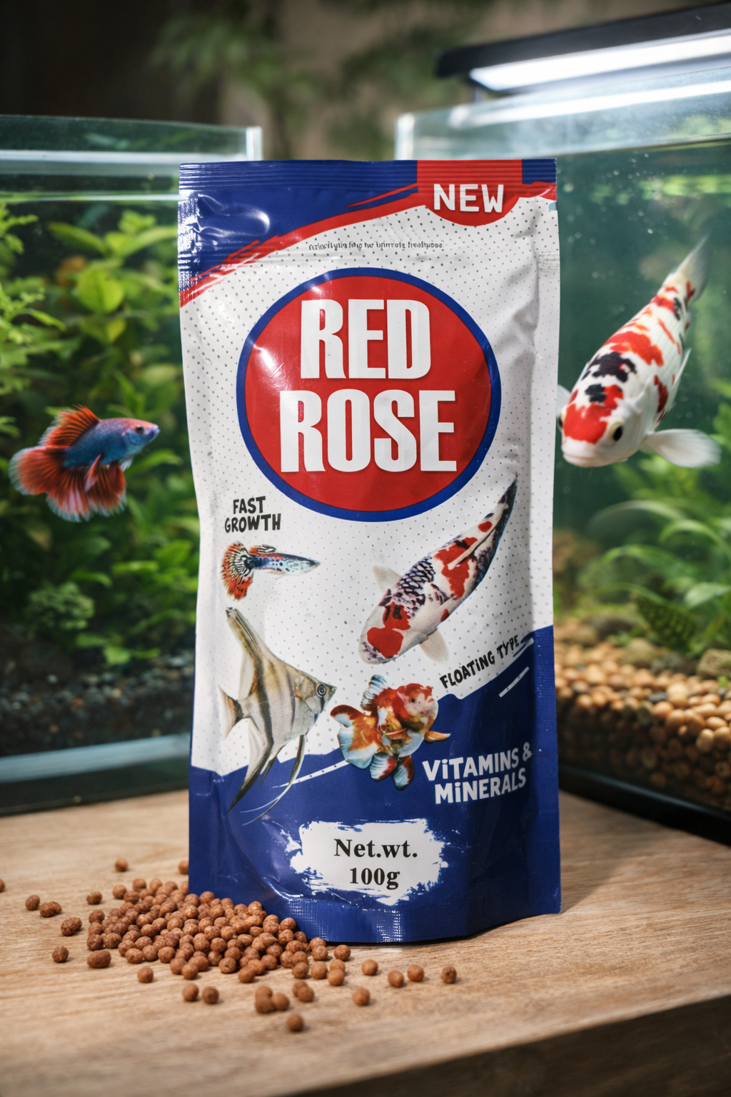 Red Rose Fish Food 100g | Floating Fish Feed for Fast Growth