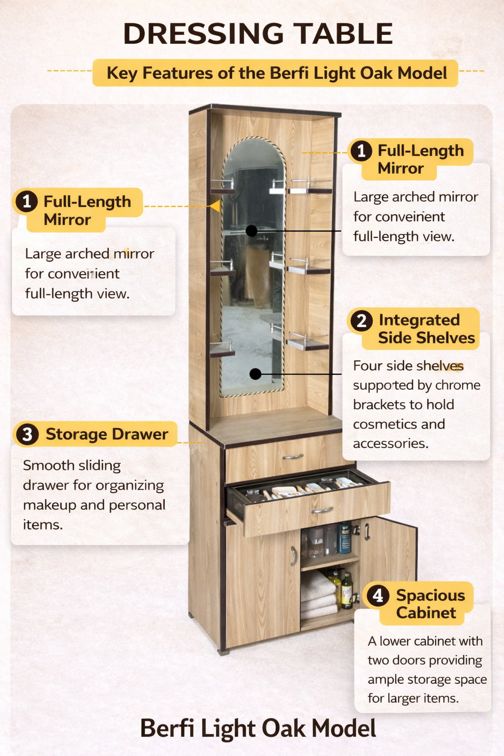 Modern Wooden Dressing Table with Mirror & Storage Cabinet