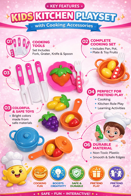 Kids Kitchen Play Set with Fruits & Cooking Tools – Pretend Play Cooking Set for Children