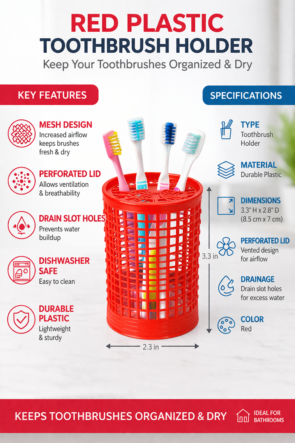 Red Plastic Toothbrush Holder with Ventilated Lid – Mesh Design Bathroom Organizer for Toothbrushes