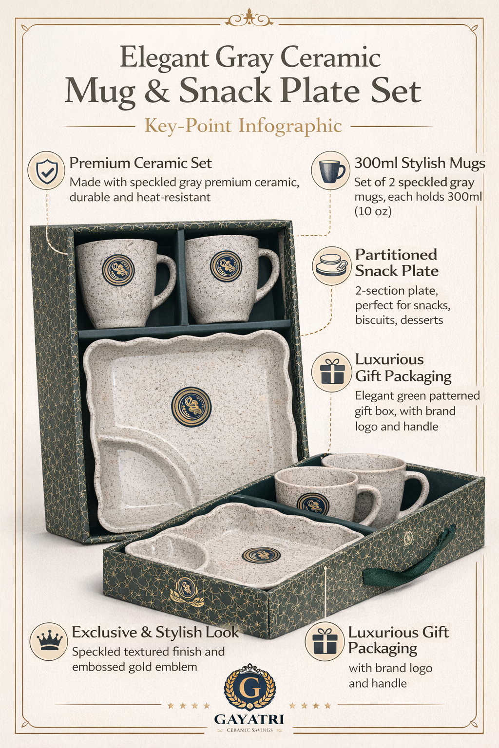 Ceramic Mug & Snack Plate Set with Gift Box | 2 Cups with Partition Tray | Premium Coffee & Snack Serving Set | Tea Set Gift for Home, Office & Gifting