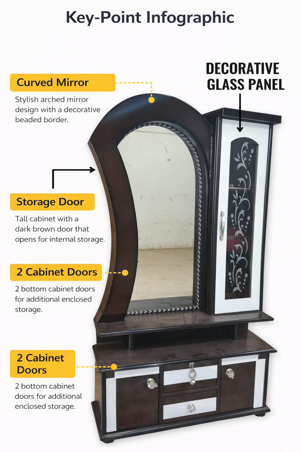 Wooden Dressing Table with Curved Mirror & Storage Cabinet | Makeup Vanity with Drawers & Glass Panel Door