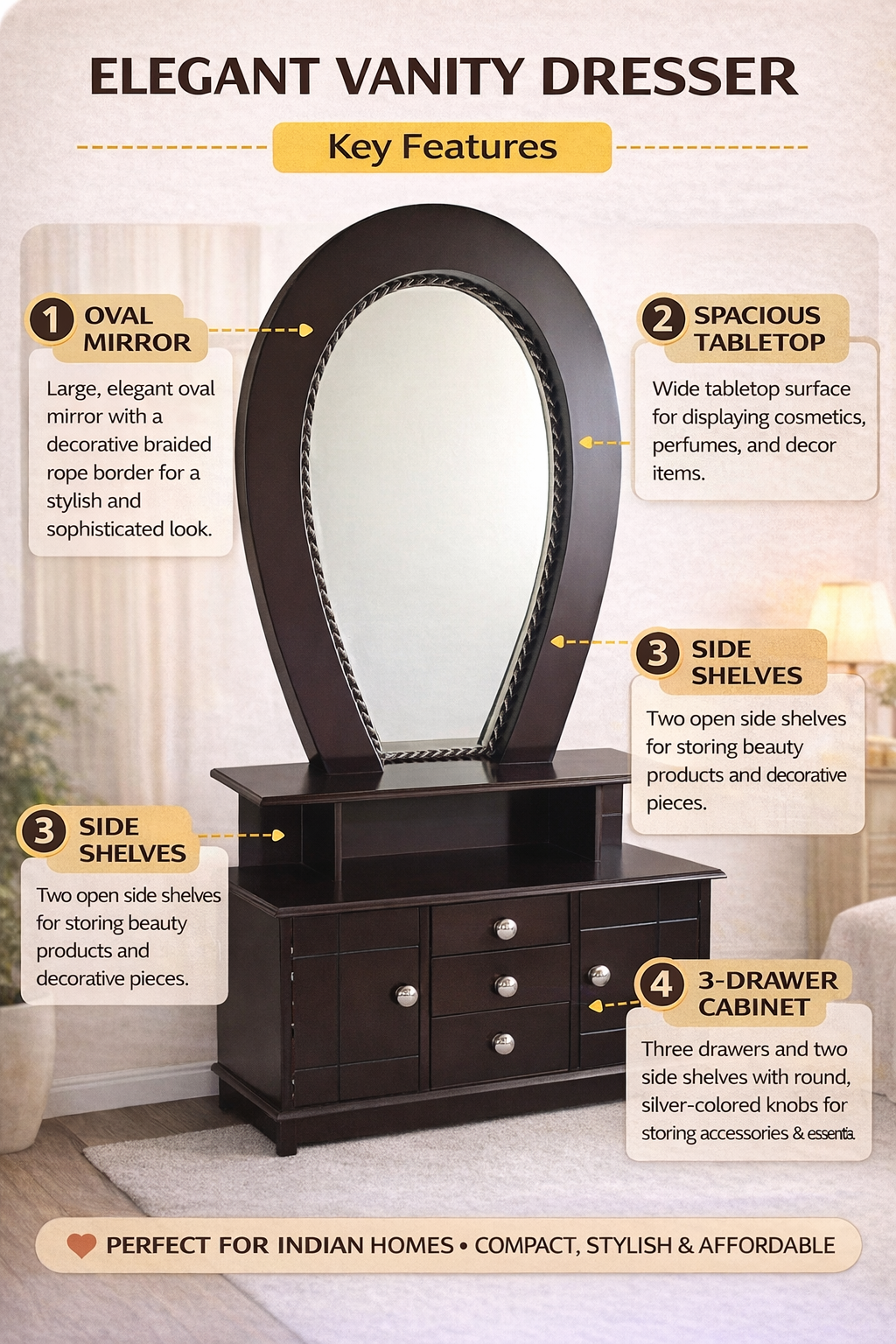 Wooden Dressing Table with Oval Mirror & 3-Drawer Storage | Modern Vanity Dresser with Shelves & Cabinet | Bedroom Furniture (Dark Walnut Finish)