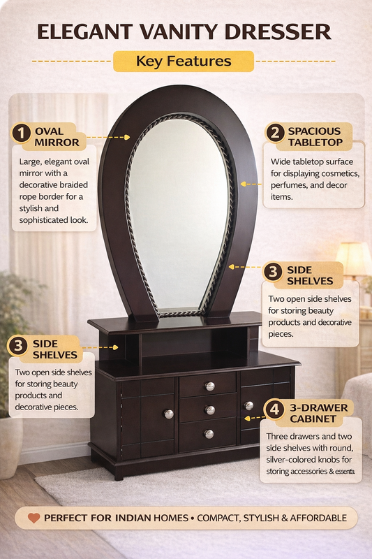 Wooden Dressing Table with Oval Mirror & 3-Drawer Storage | Modern Vanity Dresser with Shelves & Cabinet | Bedroom Furniture (Dark Walnut Finish)