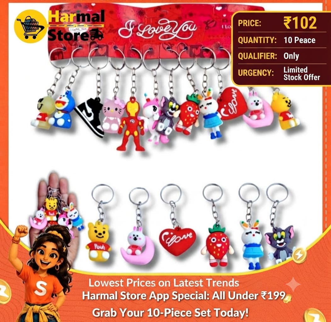 Cute Cartoon Keychain Set of 10 | PVC Rubber Key Rings for Kids | Assorted Character Keychains for Car, Bike, Home Keys, School Bags & Gifts