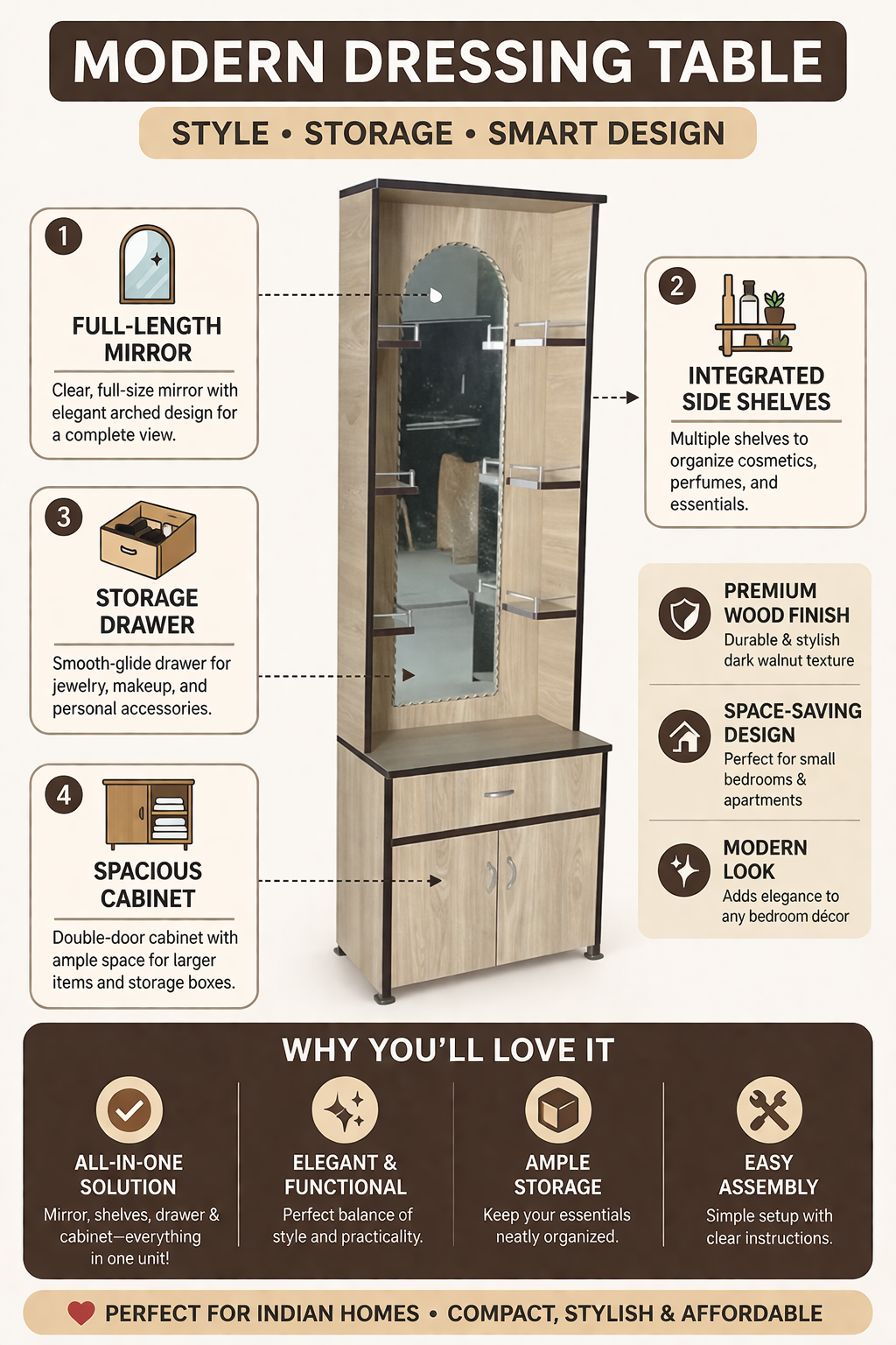 Modern Wooden Dressing Table with Mirror & Storage Cabinet