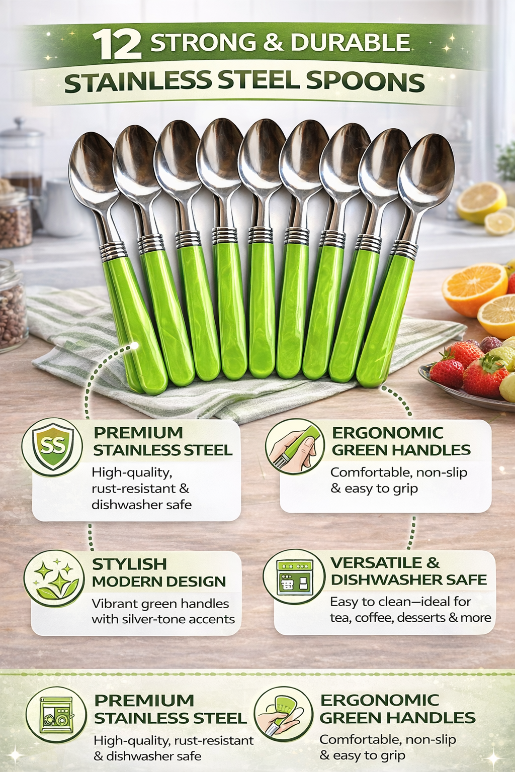 Stainless Steel Spoon Set (12-Piece) – Durable Tea & Dessert Spoons with Ergonomic Green Handles, Rust-Resistant, Dishwasher Safe, Stylish Cutlery for Daily Use