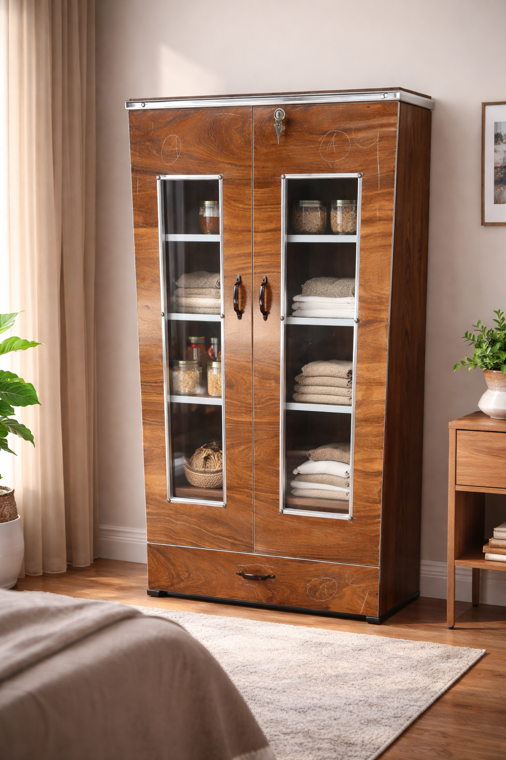 Wooden Storage Cabinet with Glass Doors & Drawer | Modern Wardrobe Organizer with Lock & Shelves