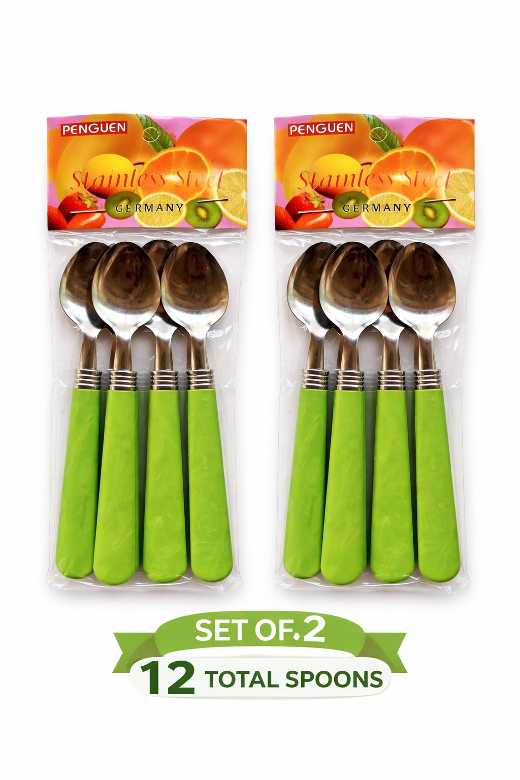 Stainless Steel Spoon Set (12-Piece) – Durable Tea & Dessert Spoons with Ergonomic Green Handles, Rust-Resistant, Dishwasher Safe, Stylish Cutlery for Daily Use