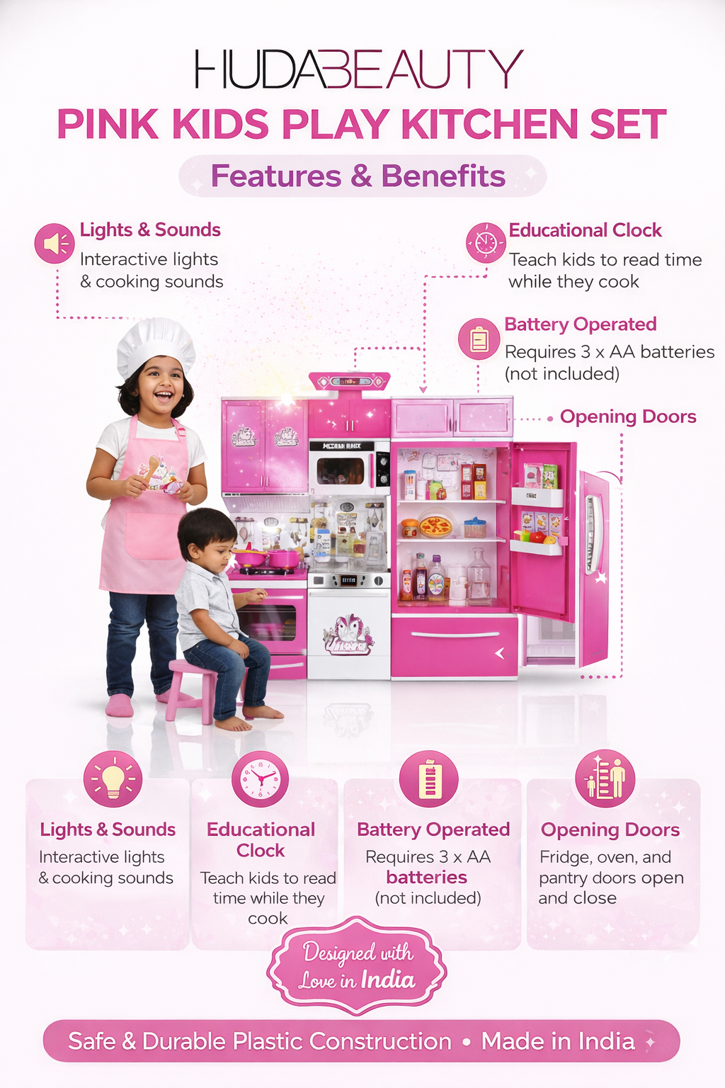 Kids Kitchen Set Toy for Girls & Boys | Pink Pretend Play Cooking Set with Lights & Sounds