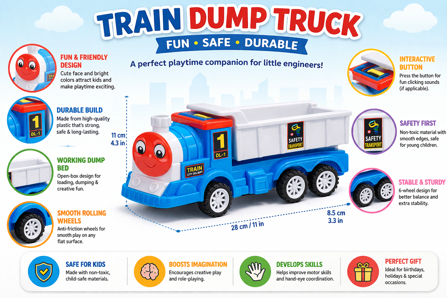 Train Dump Truck Toy for Kids, Push & Go Construction Vehicle with 6 Wheels, Dump Bed, Durable Plastic Toy, Fun Gift for Boys & Girls (3+ Years)