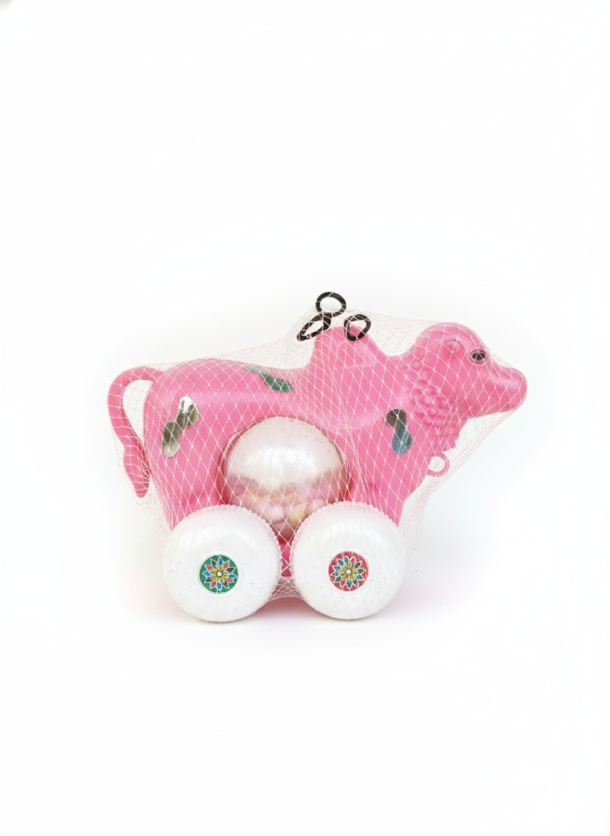 Kids Pull Along Cow Toy with Wheels & Bal