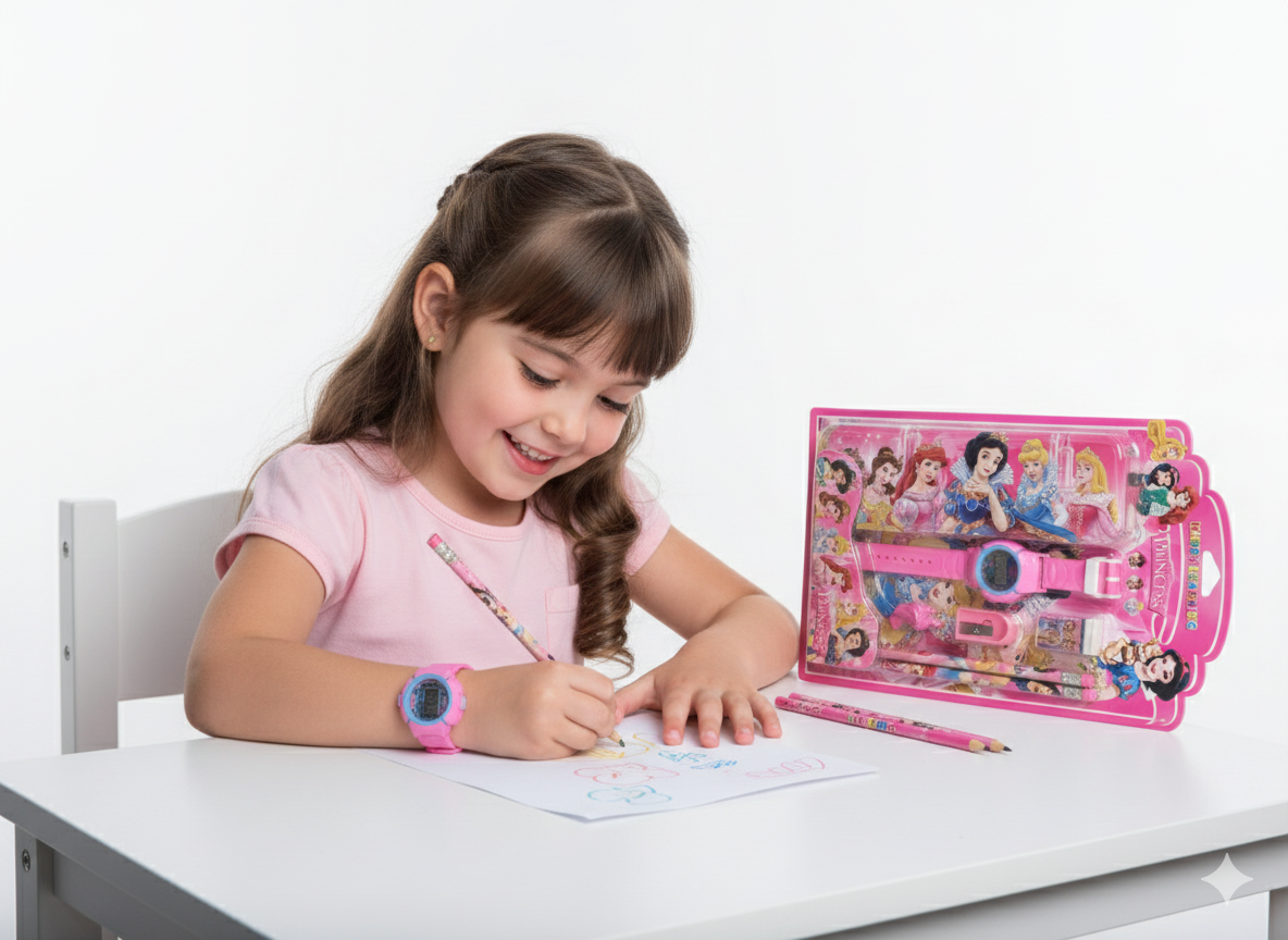 Princess Stationery Set for Girls with Digital Watch, Pencil Box, Sharpener &amp; Pencil