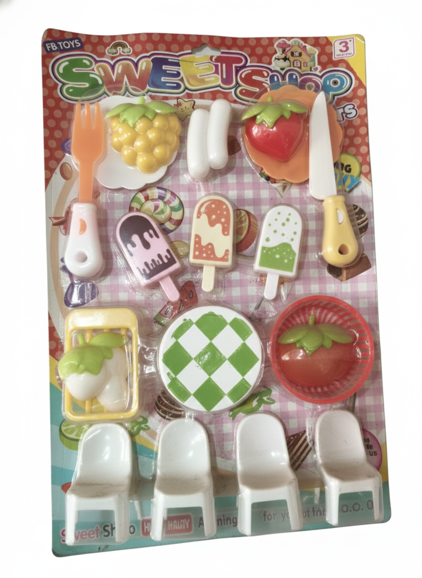 Sweet Shop Play Set Toy for Kids 3+, Pretend Play Dessert & Kitchen Set with Ice Cream, Fruits, Utensils & Chairs