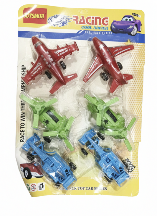 Kids Racing Vehicle Toy Set (Pack of 6) | Mini Airplane, Helicopter & Car Toys
