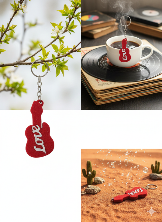 Red Guitar Shape Keychain with “Love” Design