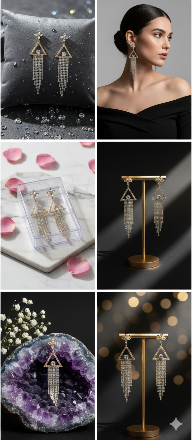 Crystal Triangle Tassel Drop Earrings for Women & Girls