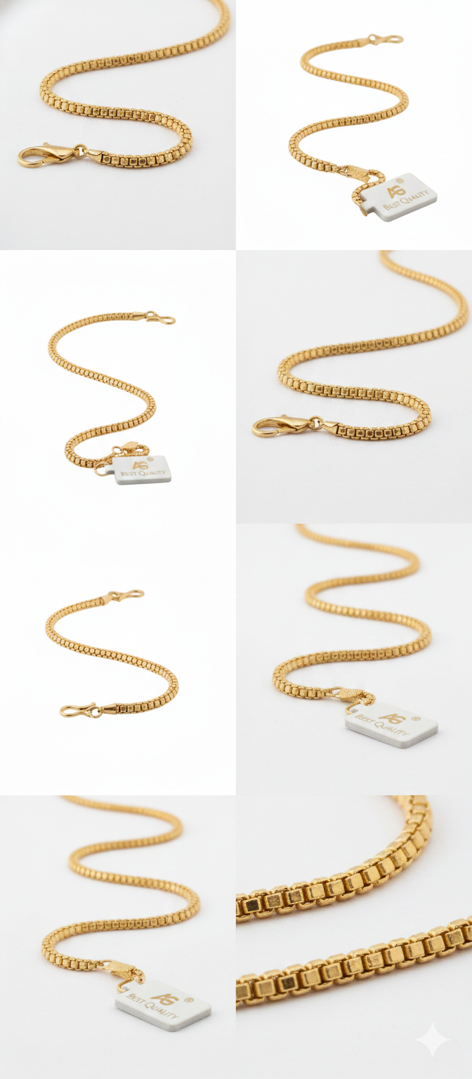 Premium Gold Finish Box Link Chain Bracelet, Durable & Tarnish-Resistant, Elegant Minimal Jewelry for Daily Wear