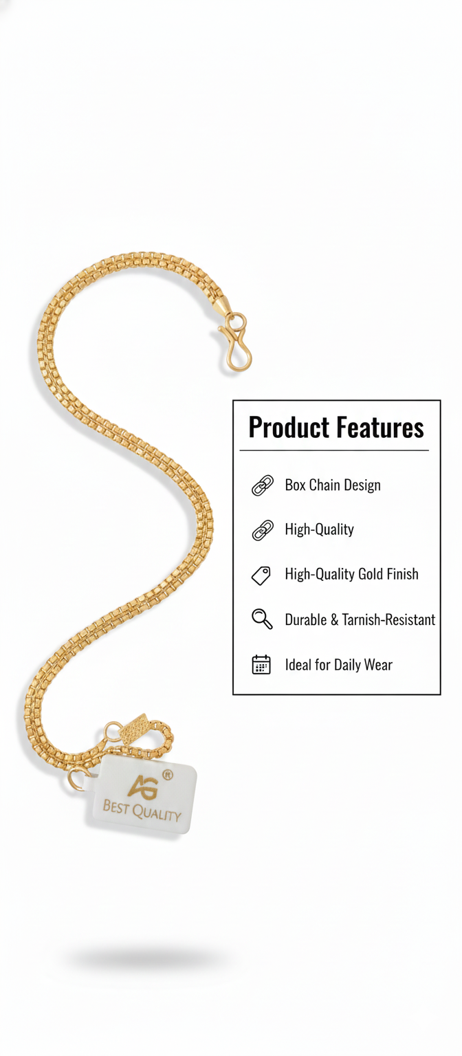 Premium Gold Finish Box Link Chain Bracelet, Durable & Tarnish-Resistant, Elegant Minimal Jewelry for Daily Wear