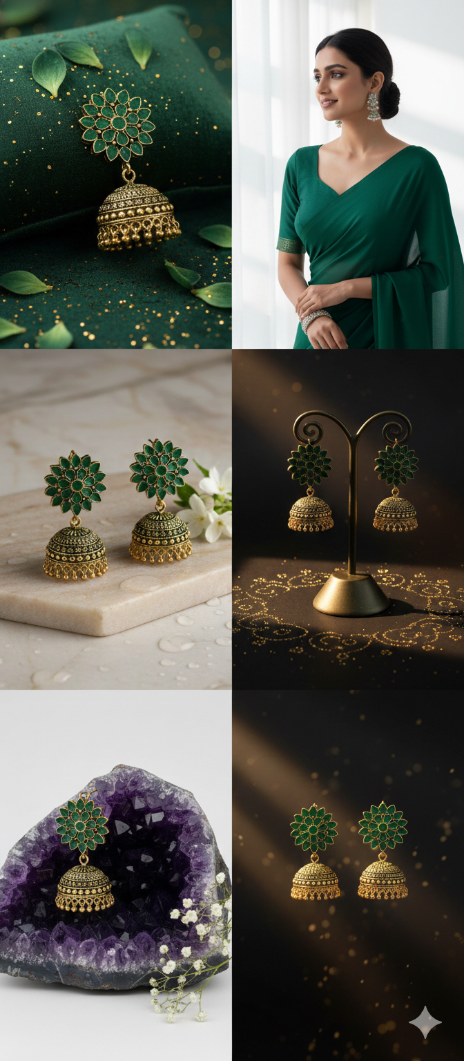 Green Floral Jhumka Earrings for Women