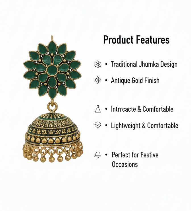 Green Floral Jhumka Earrings for Women