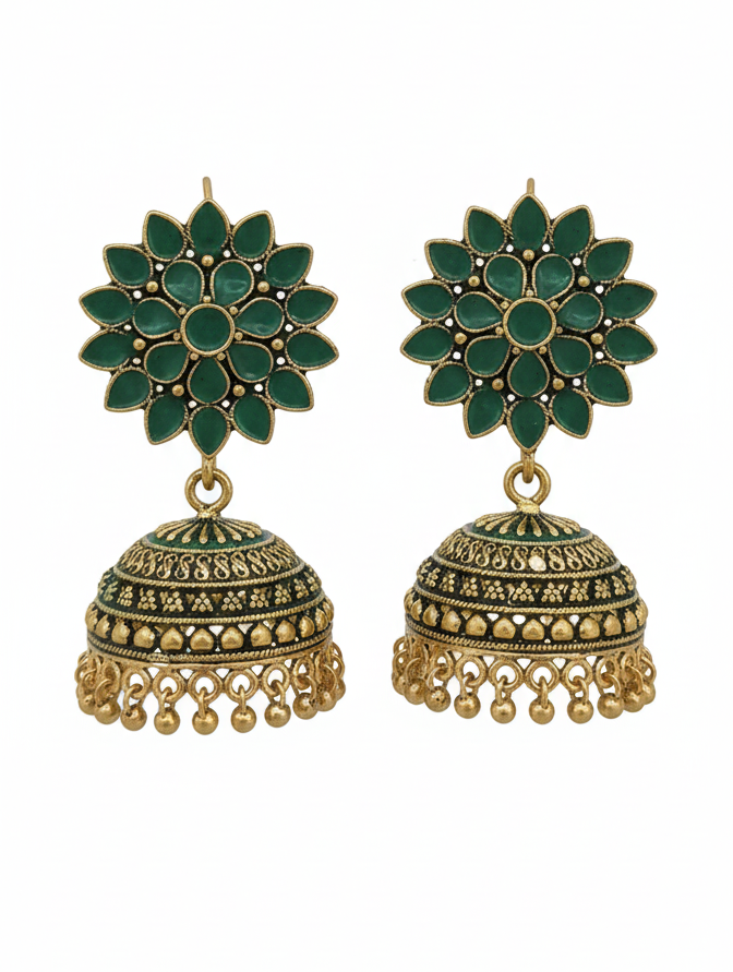 Green Floral Jhumka Earrings for Women