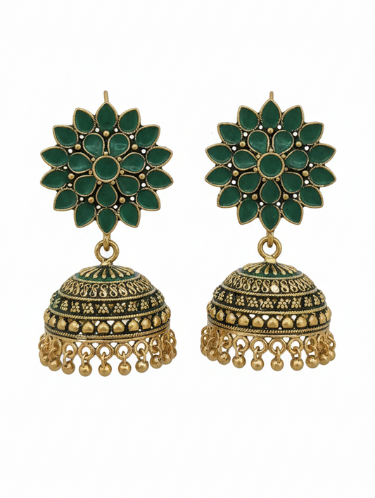 Green Floral Jhumka Earrings for Women