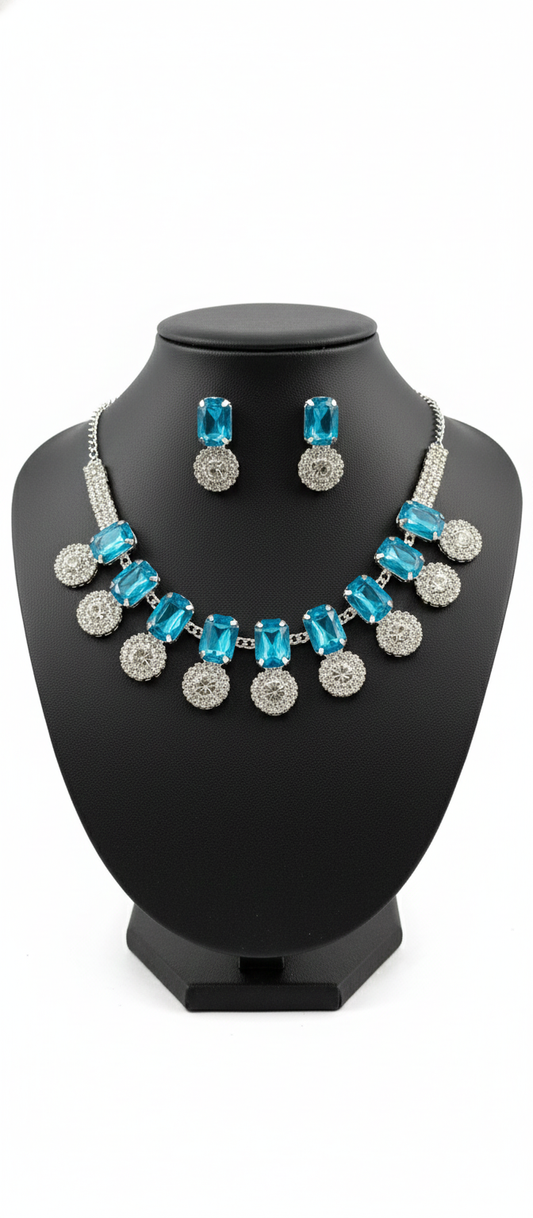 Blue Crystal Necklace and Earrings Set for Women
