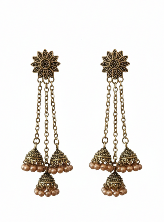 Traditional Antique Gold Jhumka Earrings for Women & Girls – Multi Tier Drop Jhumki with Pearl Beads
