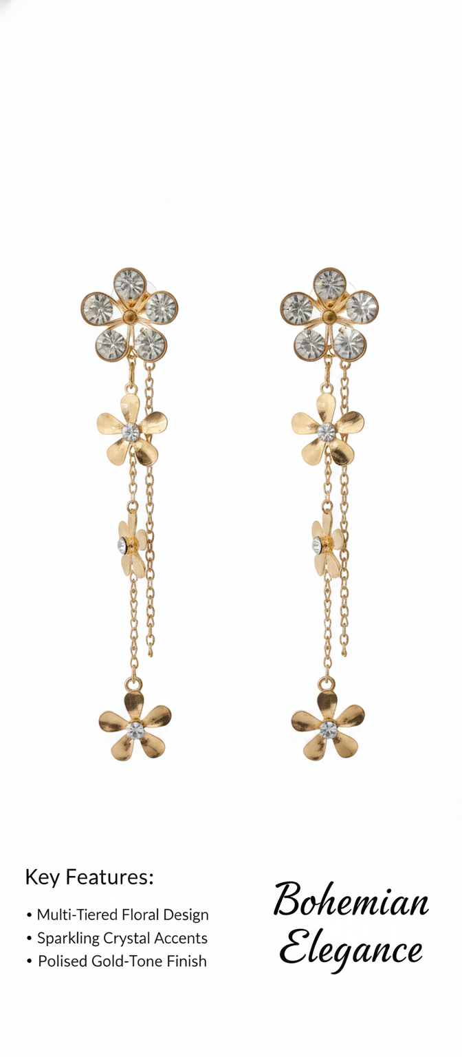 Gold Tone Multi-Tier Flower Drop Earrings with Crystal Accents