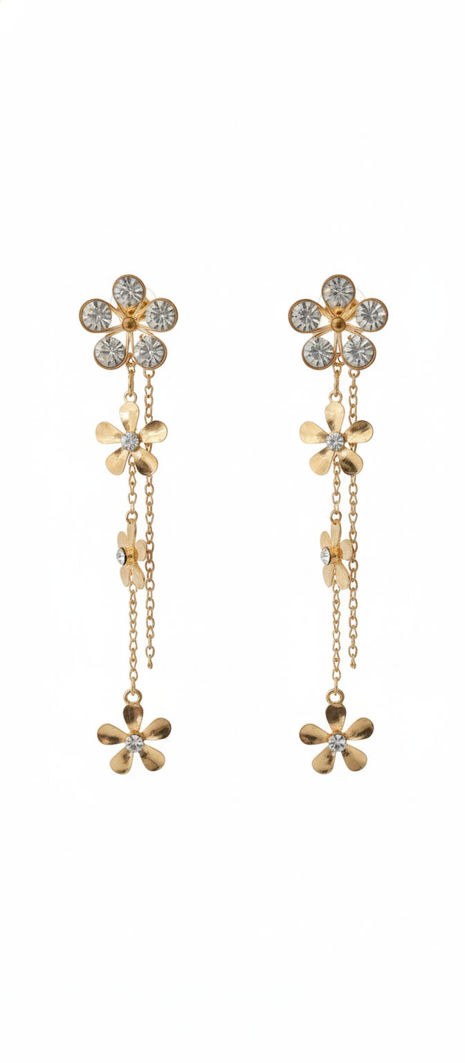 Gold Tone Multi-Tier Flower Drop Earrings with Crystal Accents