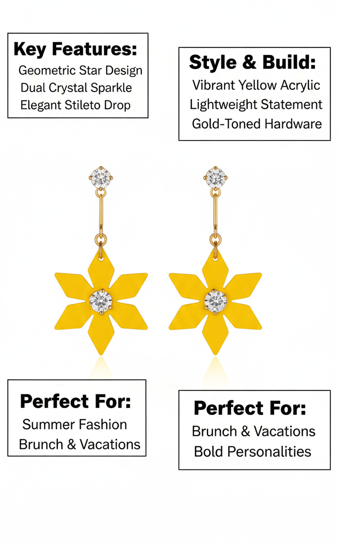 Yellow Flower Drop Earrings for Women – Acrylic Floral Dangle Earrings with Crystal Center,