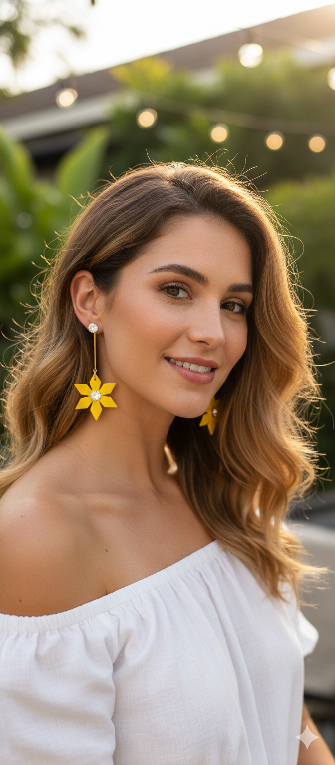 Yellow Flower Drop Earrings for Women – Acrylic Floral Dangle Earrings with Crystal Center,