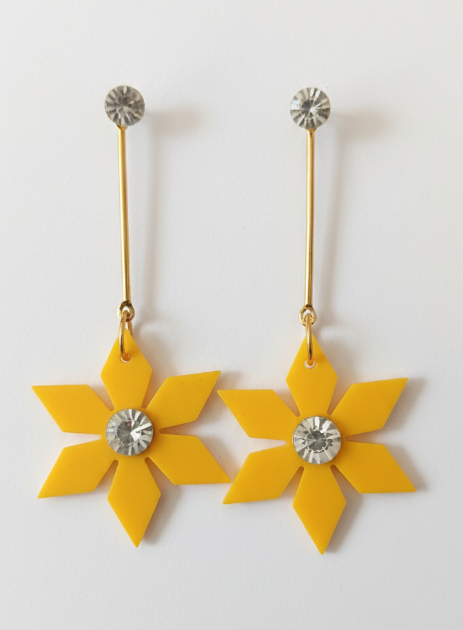 Yellow Flower Drop Earrings for Women – Acrylic Floral Dangle Earrings with Crystal Center,