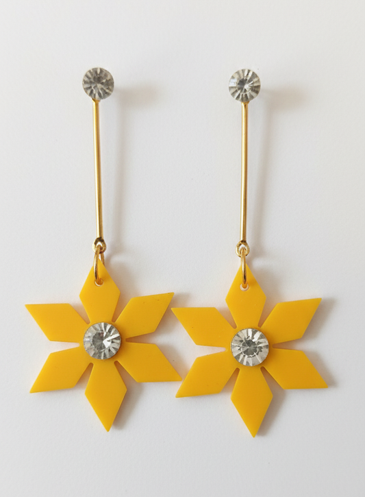 Yellow Flower Drop Earrings for Women – Acrylic Floral Dangle Earrings with Crystal Center,