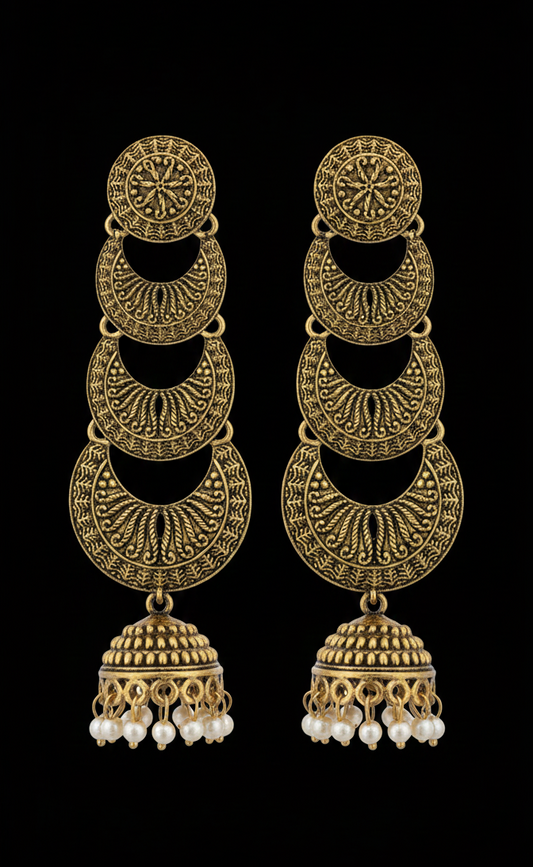 Antique Gold-Tone Chandbali Jhumka Earrings for Women – Traditional Stacked Filigree Design with White Pearl Drops