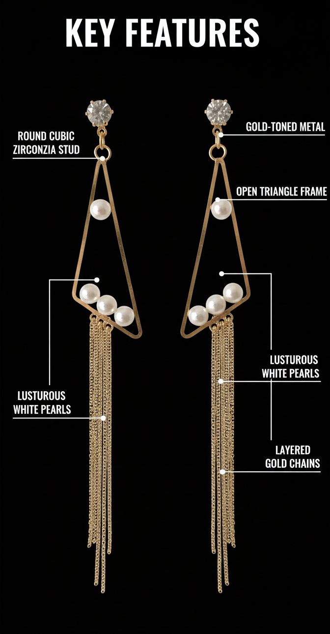 Cubic Zirconia Stud, Pearl Accent Geometric Dangle Earrings with Layered Chain Fringe