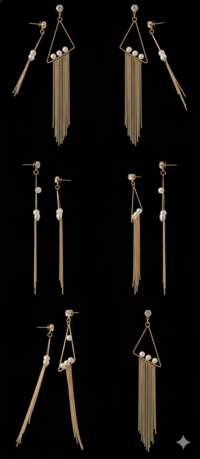 Cubic Zirconia Stud, Pearl Accent Geometric Dangle Earrings with Layered Chain Fringe