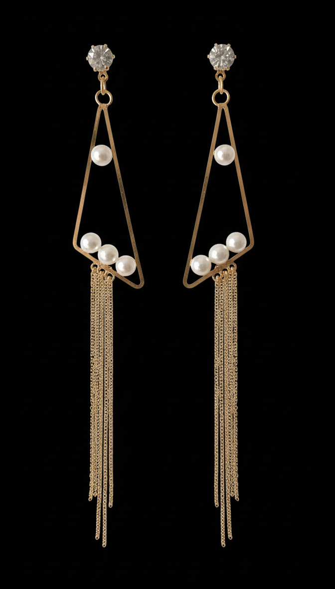 Cubic Zirconia Stud, Pearl Accent Geometric Dangle Earrings with Layered Chain Fringe