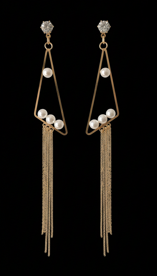 Cubic Zirconia Stud, Pearl Accent Geometric Dangle Earrings with Layered Chain Fringe