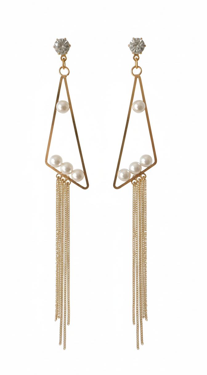 Cubic Zirconia Stud, Pearl Accent Geometric Dangle Earrings with Layered Chain Fringe