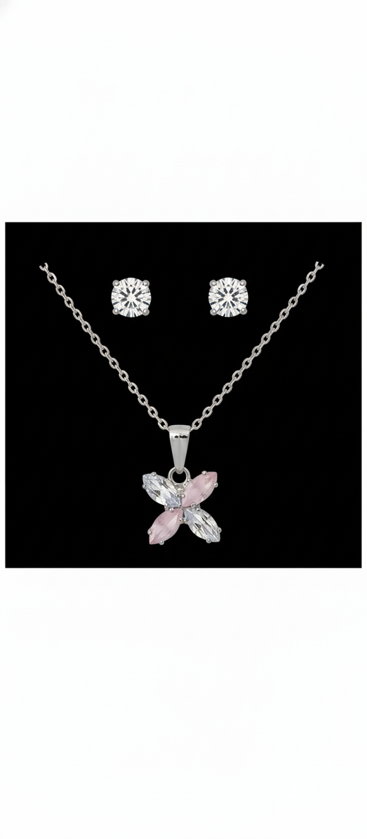 Pink Crystal Flower Pendant Necklace with Round Solitaire Stud Earrings Set for Women