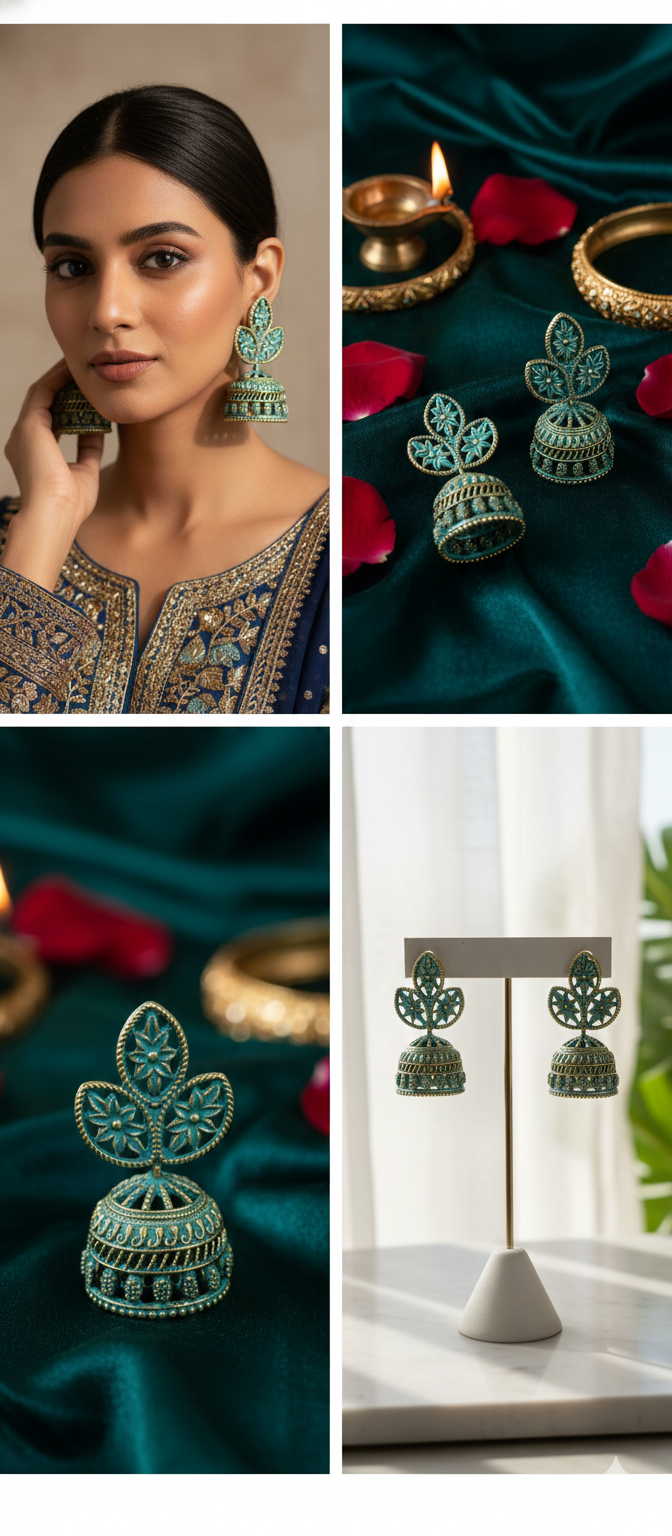 महिलाओं के लिए फ़िलिग्री फ्लोरल झुमका इयररिंग्स – फ़िरोज़ी इनेमल के साथ एंटीक गोल्ड टोन