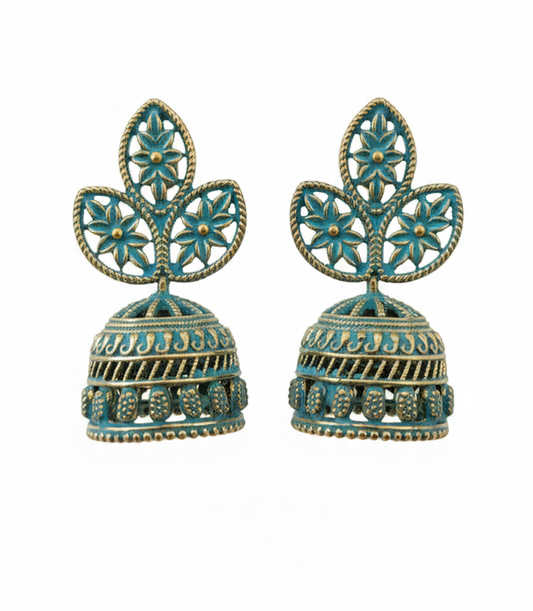 Filigree Floral Jhumka Earrings for Women – Antique Gold Tone with Turquoise Enamel