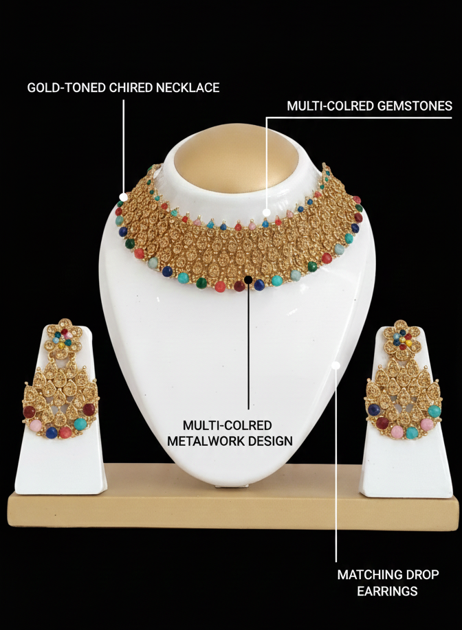 Gold Plated Traditional Necklace Set with Multicolor Stones for Women & Girls