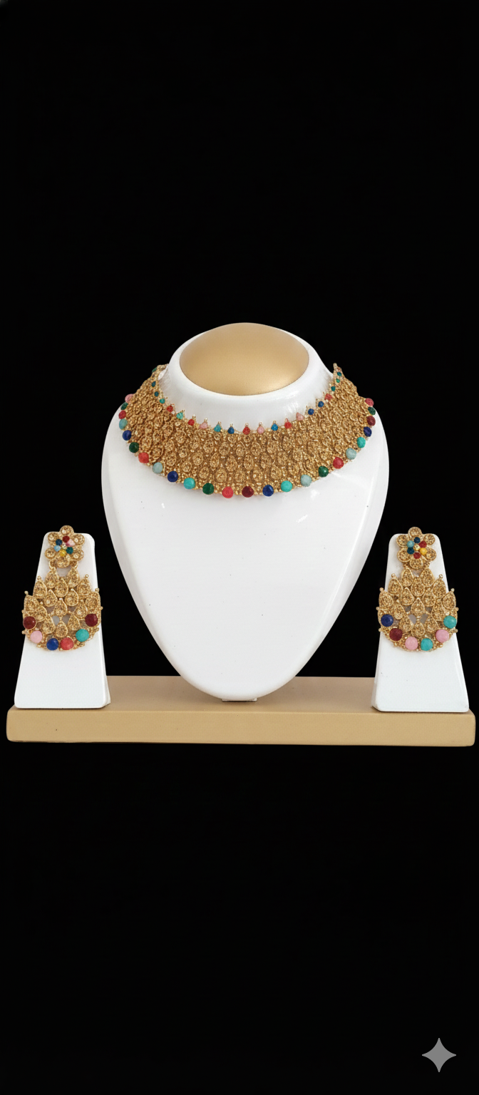 Gold Plated Traditional Necklace Set with Multicolor Stones for Women & Girls