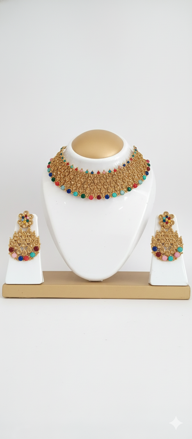 Gold Plated Traditional Necklace Set with Multicolor Stones for Women & Girls