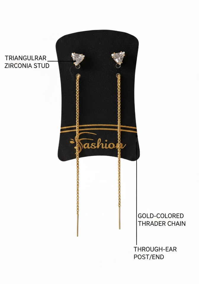 Cubic Zirconia Stud, Pearl Accent Geometric Dangle Earrings with Layered Chain Fringe
